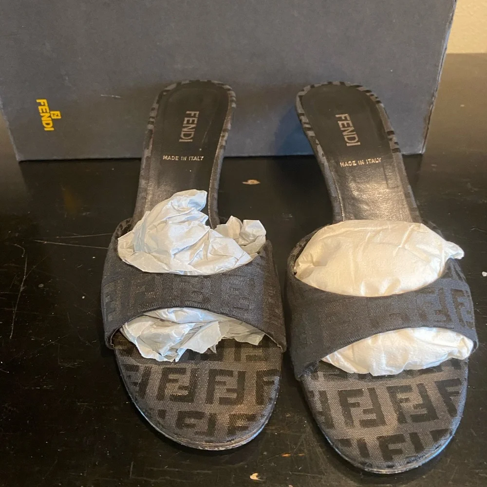 FENDI FF MULES BLACK SIZE:7.5 PREOWNED - Picture 7 of 7